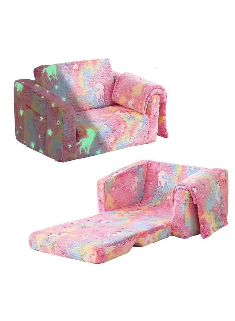 Generic Glow in The Dark Extra Soft Open Couch 2-in-1 Toddler Soft Couch Fold Out Glow in Dark Convertible Plush Foam Chair Star Glow in The Dark Toddler Couch for Playroom Bedroom  - Image 1