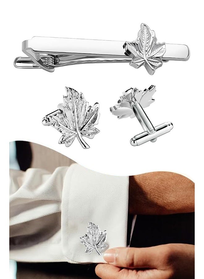 KANGLI 1 Set Men's Business  Maple Leaf Silver Metal Cufflink and Tie Clips Set Stylish Formal Shirt Tie Clip Simple Shining Cufflinks Suitable for Men Formal, Business, Wedding Dress - Image 1