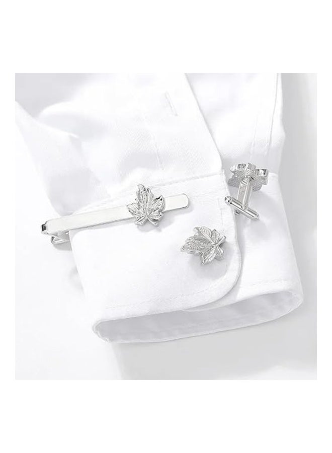 KANGLI 1 Set Men's Business  Maple Leaf Silver Metal Cufflink and Tie Clips Set Stylish Formal Shirt Tie Clip Simple Shining Cufflinks Suitable for Men Formal, Business, Wedding Dress - Image 2