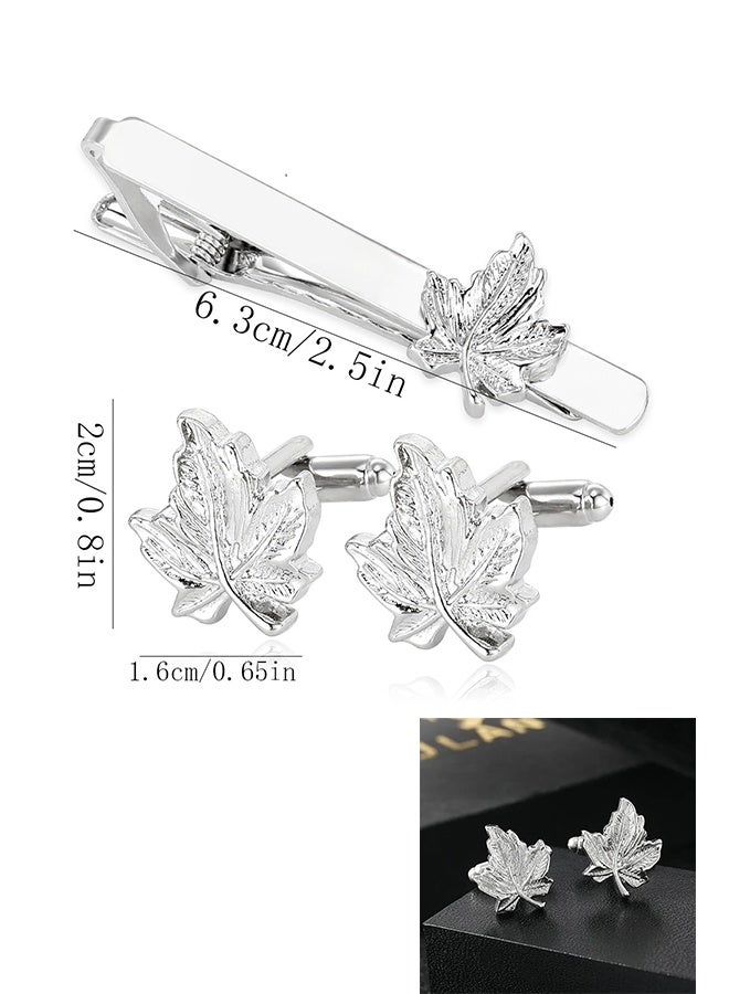 KANGLI 1 Set Men's Business  Maple Leaf Silver Metal Cufflink and Tie Clips Set Stylish Formal Shirt Tie Clip Simple Shining Cufflinks Suitable for Men Formal, Business, Wedding Dress - Image 5
