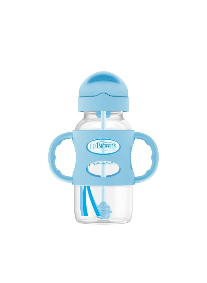 Dr. Brown's Dr. Brown's Milestones Wide-Neck Sippy Straw Bottle with 100% Silicone Handles and Weighted Straw, 9 oz/270 mL, Blue, 6m+  - Image 1