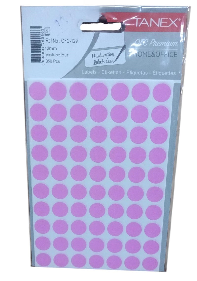 Tanex Office Sticker 13 mm 350 Labels Pack of 5 Sheets A5 Neon Pink Model OFC-129