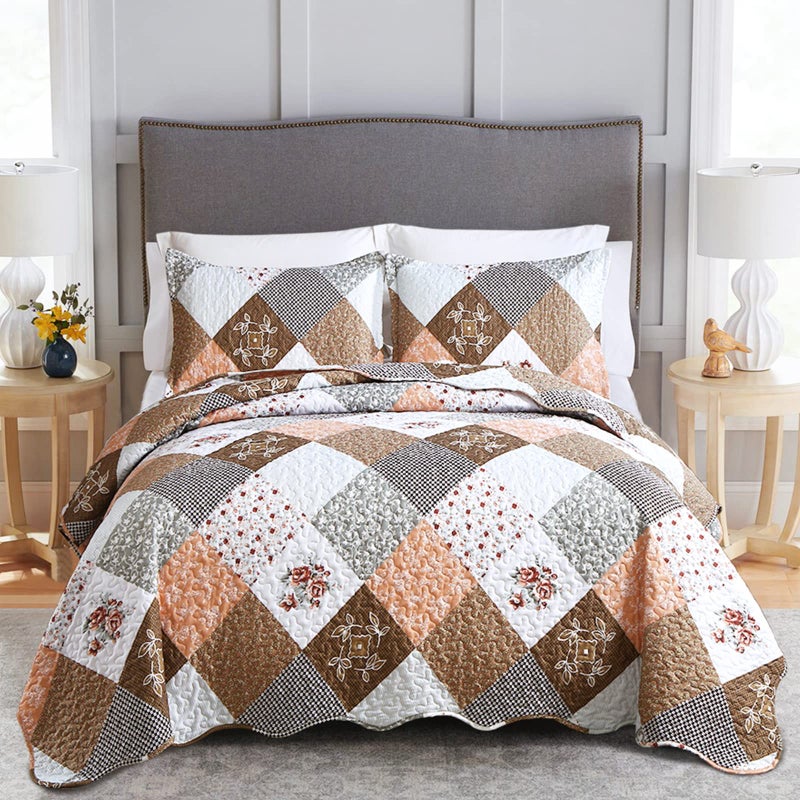 Dinjoy Floral Plaid Patchwork Quilt Set California King Size, Reversible Brown Bedding Set Soft Microfiber Lightweight Bedspread Coverlet 3 Piece Fall Autumn Use(106x96 inches, Cal King) - Image 1