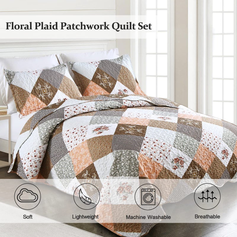 Dinjoy Floral Plaid Patchwork Quilt Set California King Size, Reversible Brown Bedding Set Soft Microfiber Lightweight Bedspread Coverlet 3 Piece Fall Autumn Use(106x96 inches, Cal King) - Image 2