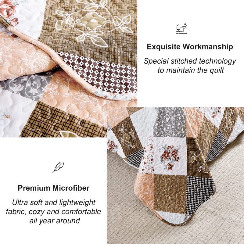 Dinjoy Floral Plaid Patchwork Quilt Set California King Size, Reversible Brown Bedding Set Soft Microfiber Lightweight Bedspread Coverlet 3 Piece Fall Autumn Use(106x96 inches, Cal King) - Image 4