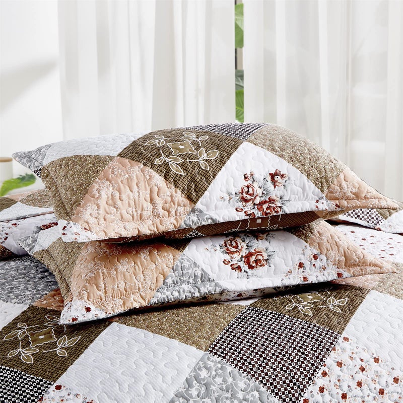 Dinjoy Floral Plaid Patchwork Quilt Set California King Size, Reversible Brown Bedding Set Soft Microfiber Lightweight Bedspread Coverlet 3 Piece Fall Autumn Use(106x96 inches, Cal King) - Image 5