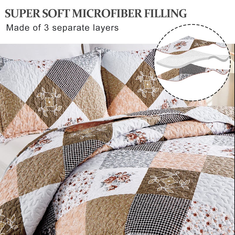 Dinjoy Floral Plaid Patchwork Quilt Set California King Size, Reversible Brown Bedding Set Soft Microfiber Lightweight Bedspread Coverlet 3 Piece Fall Autumn Use(106x96 inches, Cal King) - Image 3