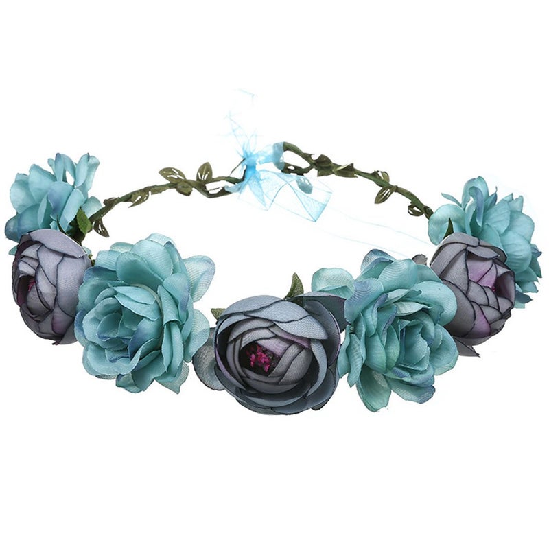 June Bloomy Women Rose Floral Crown Hair Wreath Leave Flower Headband with Adjustable Ribbon (Blue) - Image 3