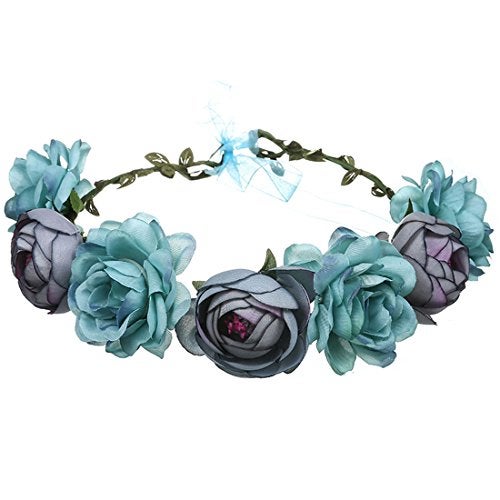 June Bloomy Women Rose Floral Crown Hair Wreath Leave Flower Headband with Adjustable Ribbon (Blue) - Image 1