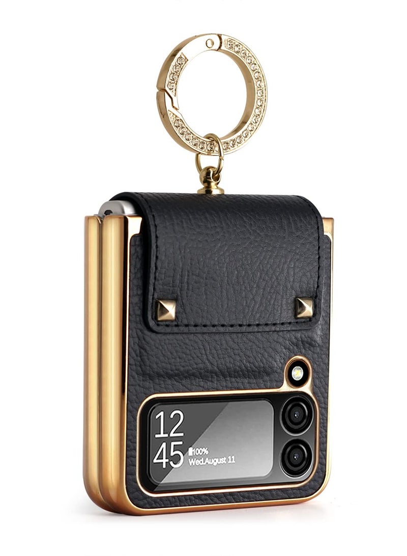 Barakah for Samsung Galaxy Z Flip 4 5G Case with Ring, Faux Leather Plating Frame Small Screen Protection Luxurious Beauty Shock Resistant Scratch Proof Hard Case (Black) - Image 1