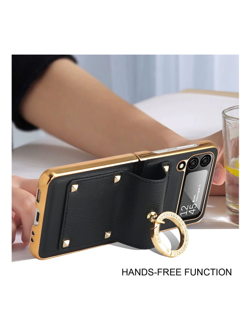 Barakah for Samsung Galaxy Z Flip 4 5G Case with Ring, Faux Leather Plating Frame Small Screen Protection Luxurious Beauty Shock Resistant Scratch Proof Hard Case (Black) - Image 4