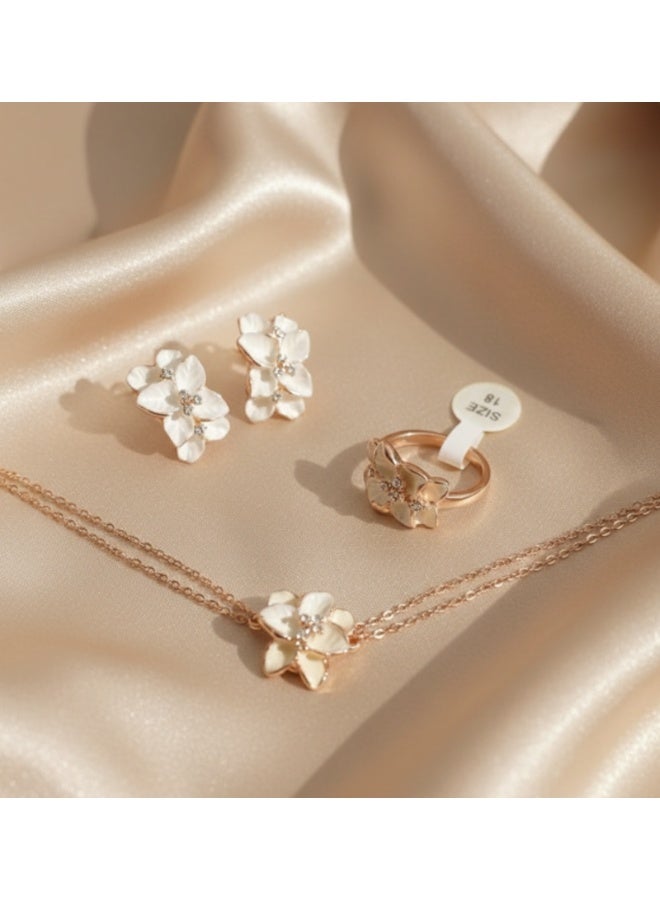 DubaiGallery مجموعة مجوهرات لؤلؤة زهرية أنيقة - قلادة، أقراط وخاتم مجموعة مجوهرات زهور مطلية بالذهب الفاخر للنساء مجموعة مجوهرات بلوسوم كريستال بتلات بيضاء - Image 2