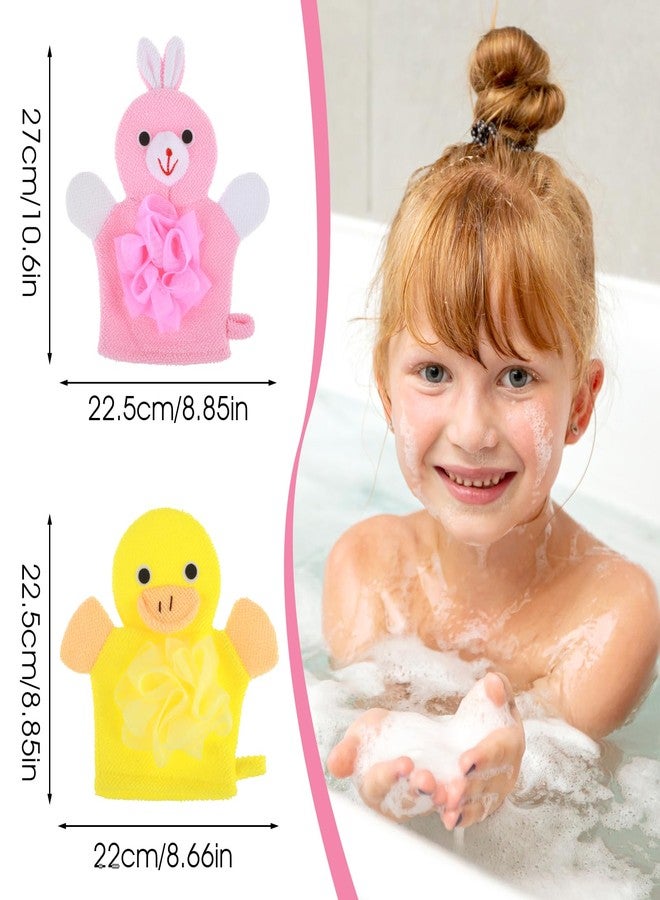 Wanmu Bath Gloves Loofah for Kids, 2 Pcs Toddler Shower Sponges Body Scrubber, Cartoon Exfoliating Gloves, Cute Animal Washcloths Gloves for Body and Face Easy Lather (Yellow Duck and Pink Rabbit - Image 2