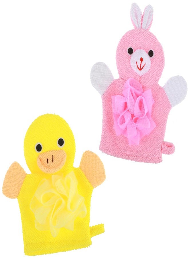 Wanmu Bath Gloves Loofah for Kids, 2 Pcs Toddler Shower Sponges Body Scrubber, Cartoon Exfoliating Gloves, Cute Animal Washcloths Gloves for Body and Face Easy Lather (Yellow Duck and Pink Rabbit - Image 1