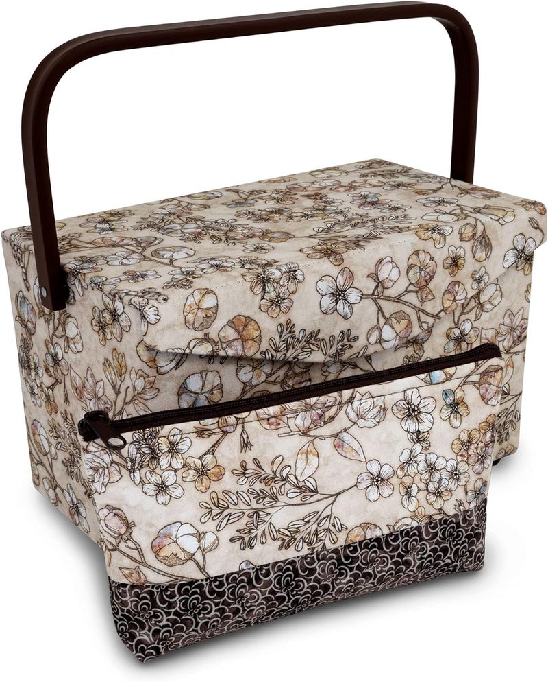 Dritz Medium Sewing Basket with Zippered Case, Neutral Floral - Image 1