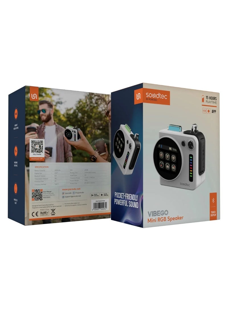 porodo Soundtec VIBEGO Mini RGB Speaker with Touch Display and Micro SD Slot / Portable Speaker / Mini Speaker with 2000mAh Battery / 15M Working Distance - White - Image 4