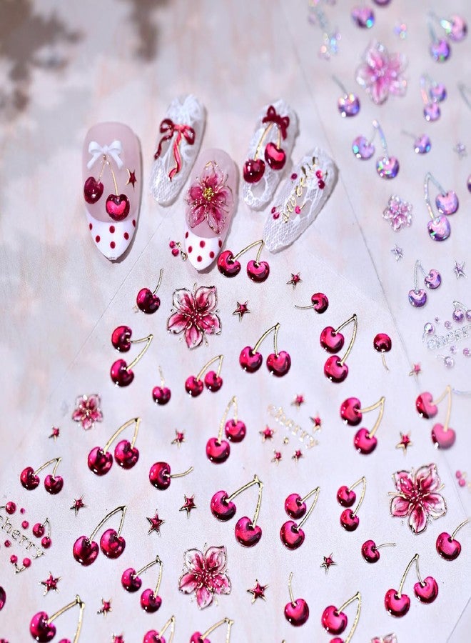 FDSQHSA 1 Sheets Embossed Cherry Nail Art Stickers Cute Summer Fruit Nail Stickers 5D Red Star Flower Nail Decals Self-Adhesive Bow Cherry Nail Art Decals for Women Summer Nail Supplies - Image 4