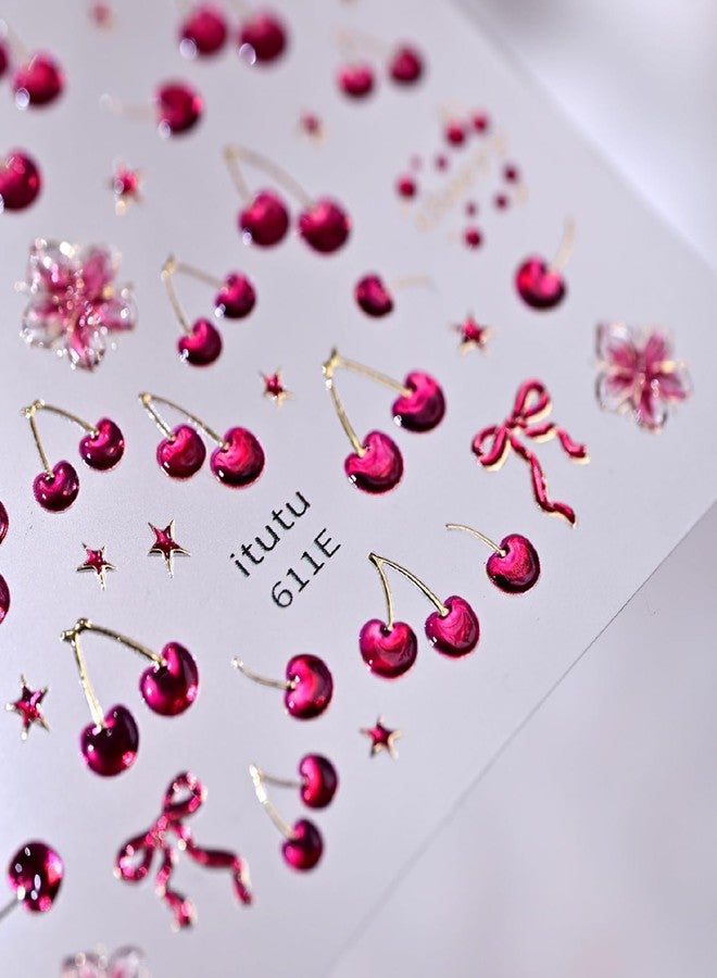 FDSQHSA 1 Sheets Embossed Cherry Nail Art Stickers Cute Summer Fruit Nail Stickers 5D Red Star Flower Nail Decals Self-Adhesive Bow Cherry Nail Art Decals for Women Summer Nail Supplies - Image 2
