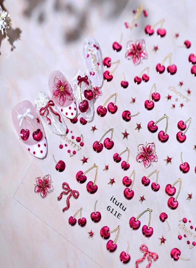 FDSQHSA 1 Sheets Embossed Cherry Nail Art Stickers Cute Summer Fruit Nail Stickers 5D Red Star Flower Nail Decals Self-Adhesive Bow Cherry Nail Art Decals for Women Summer Nail Supplies - Image 1