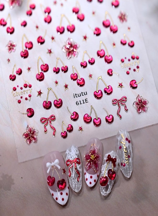 FDSQHSA 1 Sheets Embossed Cherry Nail Art Stickers Cute Summer Fruit Nail Stickers 5D Red Star Flower Nail Decals Self-Adhesive Bow Cherry Nail Art Decals for Women Summer Nail Supplies - Image 3