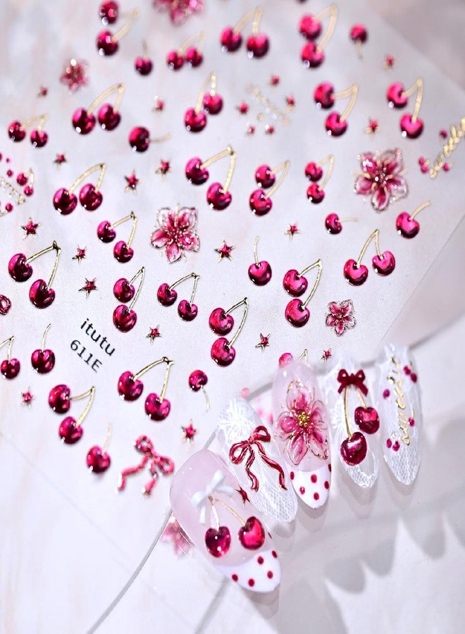 FDSQHSA 1 Sheets Embossed Cherry Nail Art Stickers Cute Summer Fruit Nail Stickers 5D Red Star Flower Nail Decals Self-Adhesive Bow Cherry Nail Art Decals for Women Summer Nail Supplies - Image 5