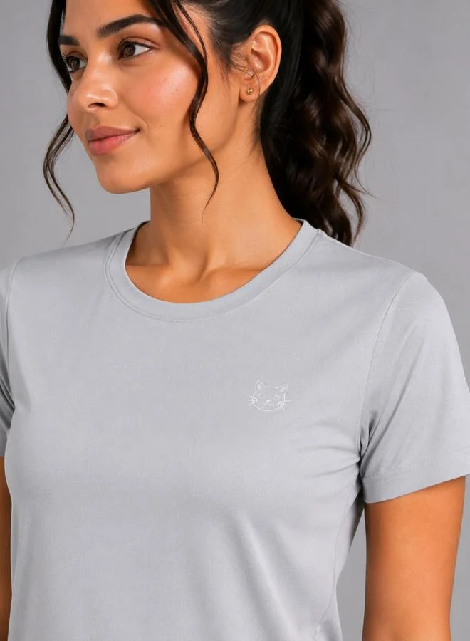 تايك تو Grey Solid  Short Sleeve Activewear T-shirt By Lazzycat
