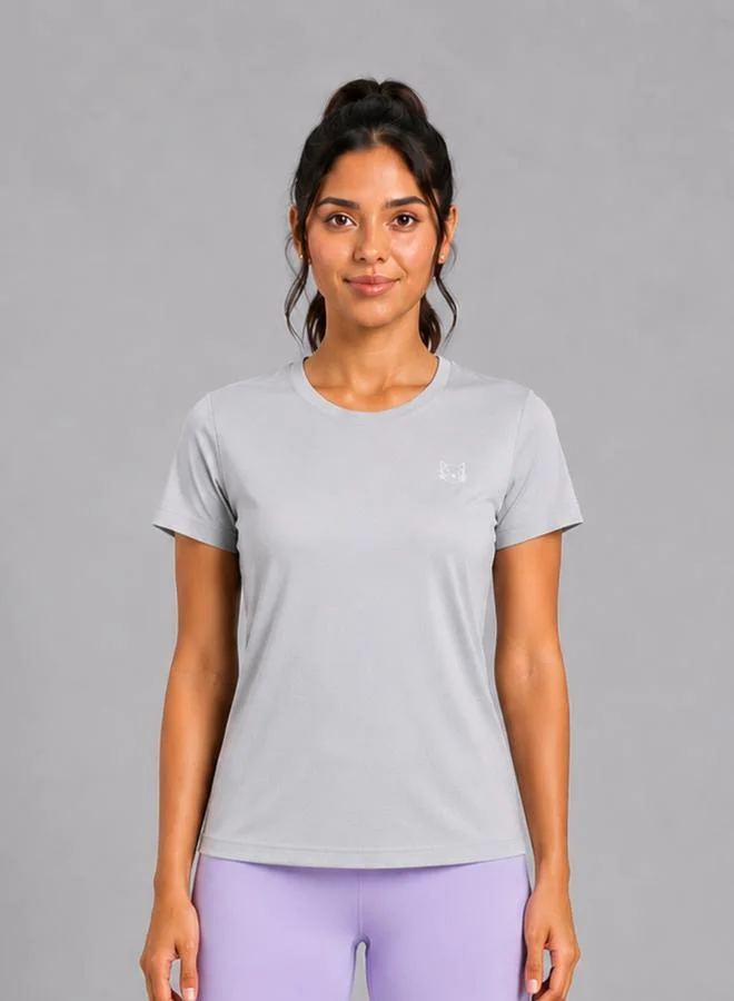 تايك تو Grey Solid  Short Sleeve Activewear T-shirt By Lazzycat
