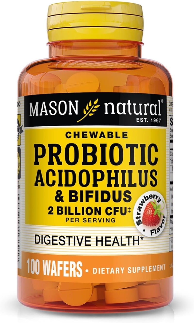 MASON NATURAL Probiotic Acidophilus with Bifidus 50 Day Supply Supports Healthy Normal Digestion Strawberry Flavor 100 Chewable Wafers - Image 1