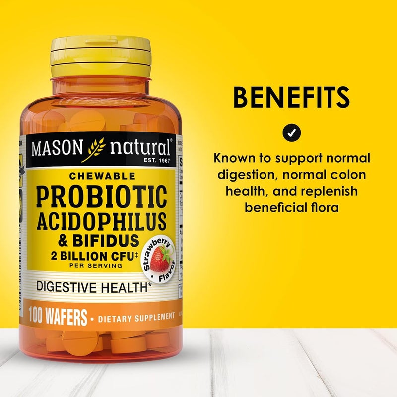 MASON NATURAL Probiotic Acidophilus with Bifidus 50 Day Supply Supports Healthy Normal Digestion Strawberry Flavor 100 Chewable Wafers - Image 2
