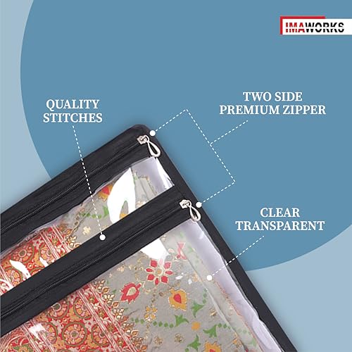 IMAWORKS Transparent Single Saree Bags/Covers For Storage With Blouse Pocket Set Of - 12 Big Size (16 X 14 Inches) With Zip Closure For Clothes Bags and Wardrobe Organizer - Image 3