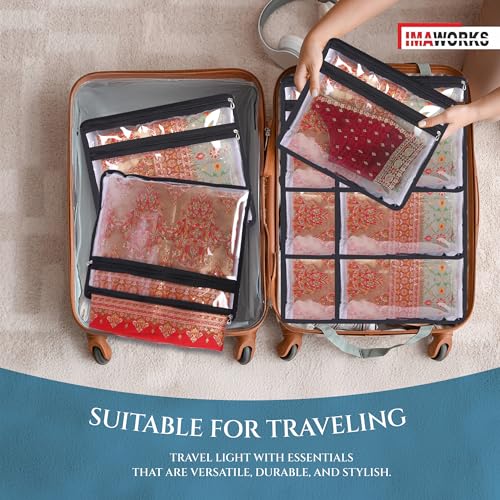 IMAWORKS Transparent Single Saree Bags/Covers For Storage With Blouse Pocket Set Of - 12 Big Size (16 X 14 Inches) With Zip Closure For Clothes Bags and Wardrobe Organizer - Image 5