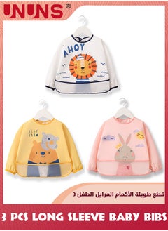 UNUNS Baby Bibs With Sleeves,3 Pack Waterproof Long Sleeve Bib,Kids Painting Bib,Cute Pattern Feeding Bibs,Unisex Smock Apron Set For Infant Toddler 6 Months To 3 Years,Multi-Color And Multi-Pattern  - Image 1