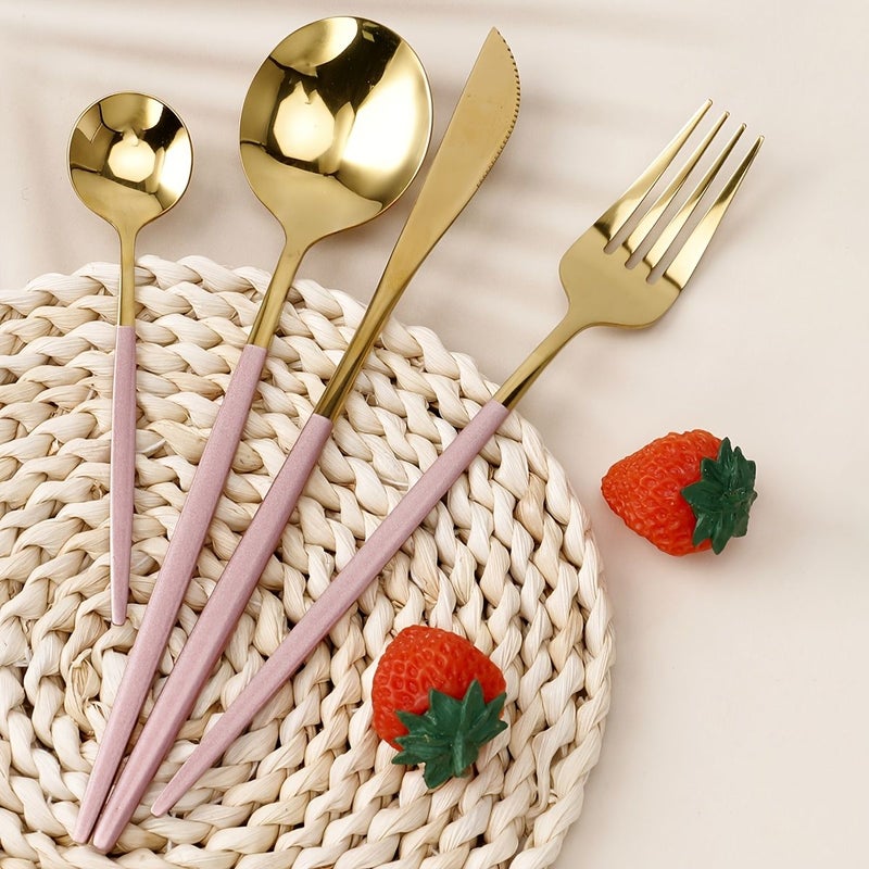 4 Pcs Pink And Gold Portuguese 304 Stainless Steel Western Dining Cutlery Set Including Knives Forks And Spoons For Hotel Steak Dinner Restaurant Kitchen Use - Image 1