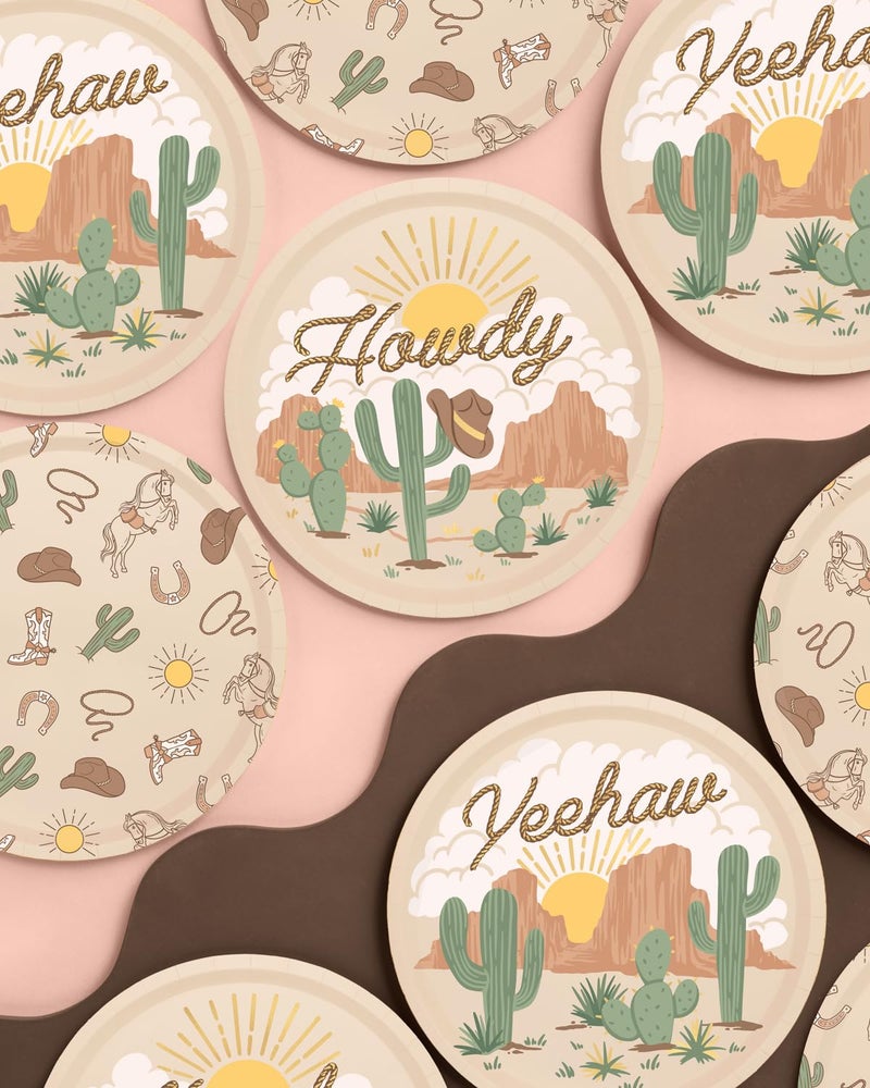 xo, Fetti Western Rodeo Paper Plates - 24 pk, 9" | Cowboy Birthday Party Decorations, Howdy Cowgirl Supplies, Yeehaw Western Baby Shower Favors, Wild West Theme Tableware - Image 2