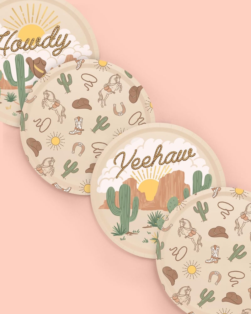 xo, Fetti Western Rodeo Paper Plates - 24 pk, 9" | Cowboy Birthday Party Decorations, Howdy Cowgirl Supplies, Yeehaw Western Baby Shower Favors, Wild West Theme Tableware - Image 3