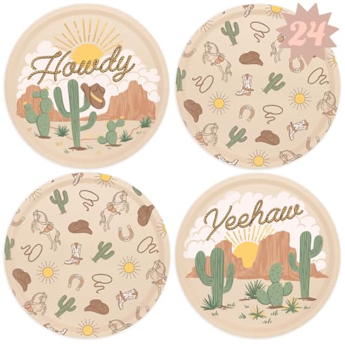 xo, Fetti Western Rodeo Paper Plates - 24 pk, 9" | Cowboy Birthday Party Decorations, Howdy Cowgirl Supplies, Yeehaw Western Baby Shower Favors, Wild West Theme Tableware - Image 1