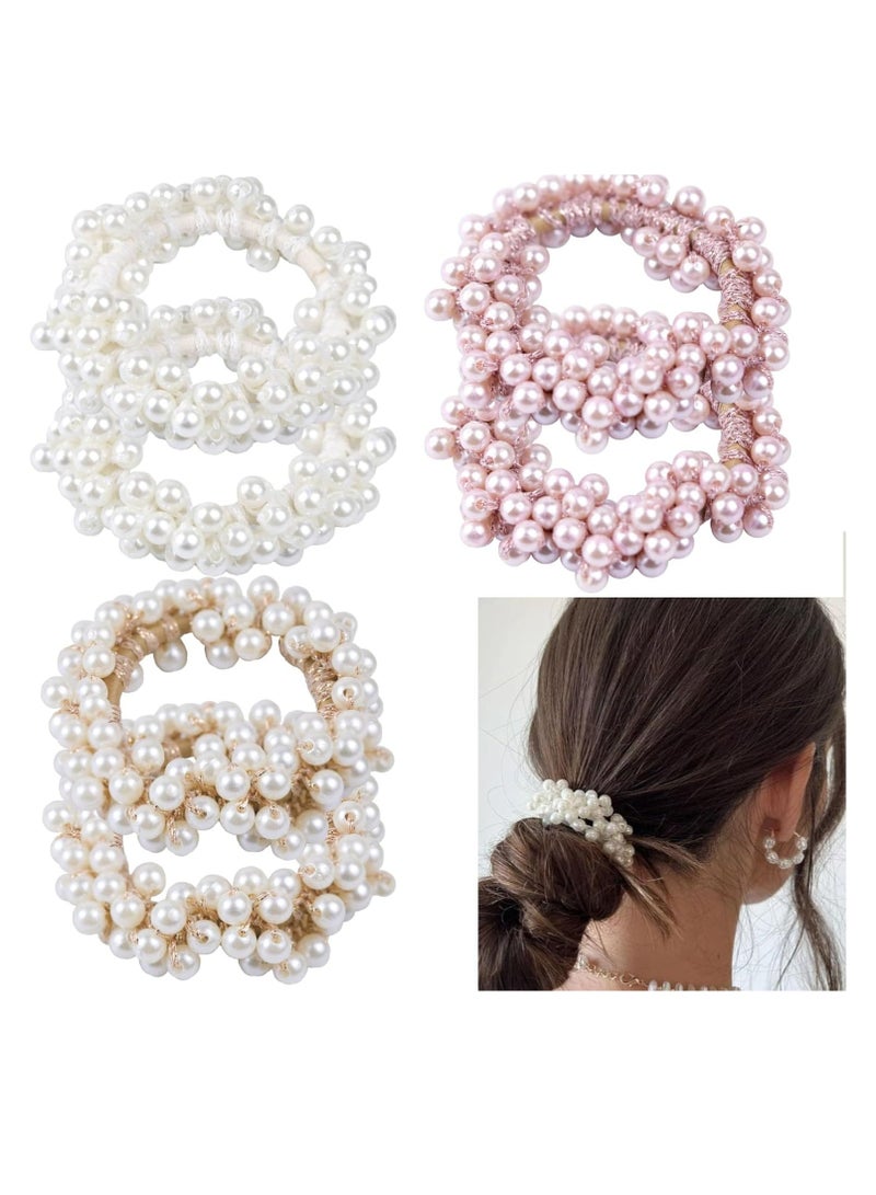 أوزيغالور 6 قطع ربطات شعر مرنة من اللؤلؤ، ربطات شعر مرنة من اللؤلؤ للنساء والفتيات باللون الأبيض والذهبي والوردي - Image 1