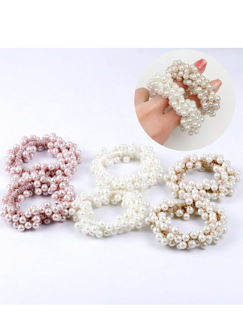 أوزيغالور 6 قطع ربطات شعر مرنة من اللؤلؤ، ربطات شعر مرنة من اللؤلؤ للنساء والفتيات باللون الأبيض والذهبي والوردي - Image 5