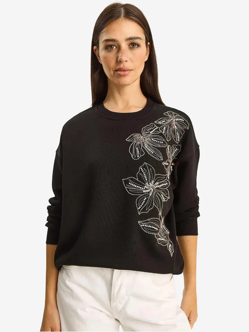 Bianco Lucci LUCCI Floral Patterned Crew Neck Relaxed Fit Sweatshirt