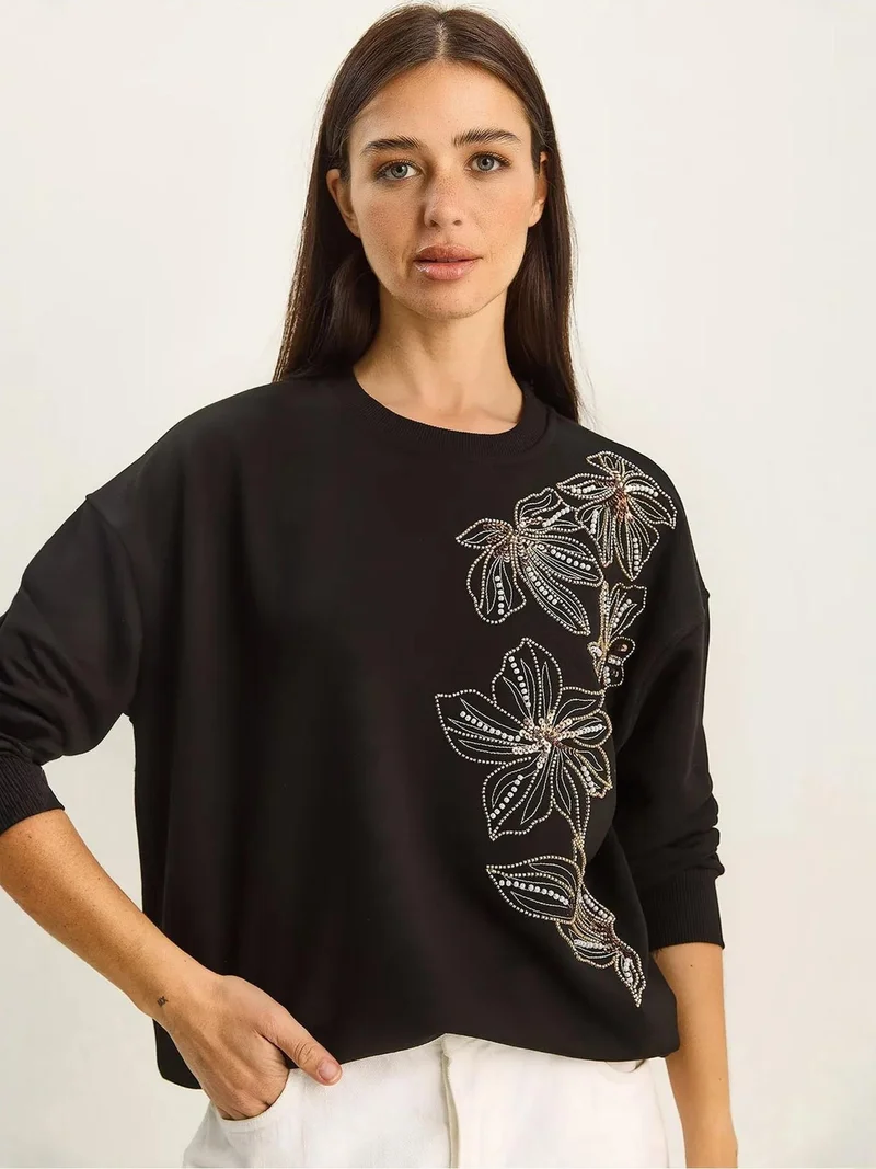 Bianco Lucci LUCCI Floral Patterned Crew Neck Relaxed Fit Sweatshirt