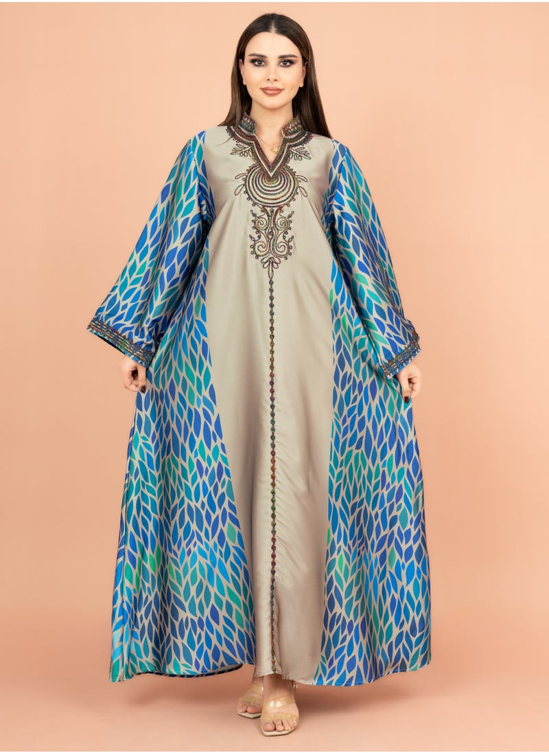 اكسا جلابية مطرزة عنق اسيوي IK1013 رمادي  - Image 1