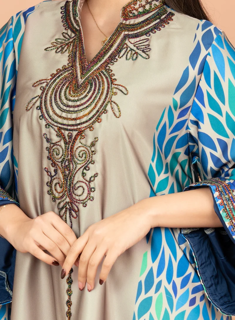 IKKXA Mandarin Collar Embroidered Jalabiya IK1013 Grey