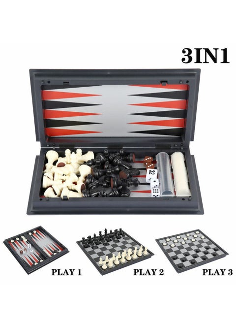 International Chess and Checkers and Backgammon 3 in 1 Plastic Chess Set Travel Chess Game Magnetic Chess Pieces Folding Chess Board Game Set