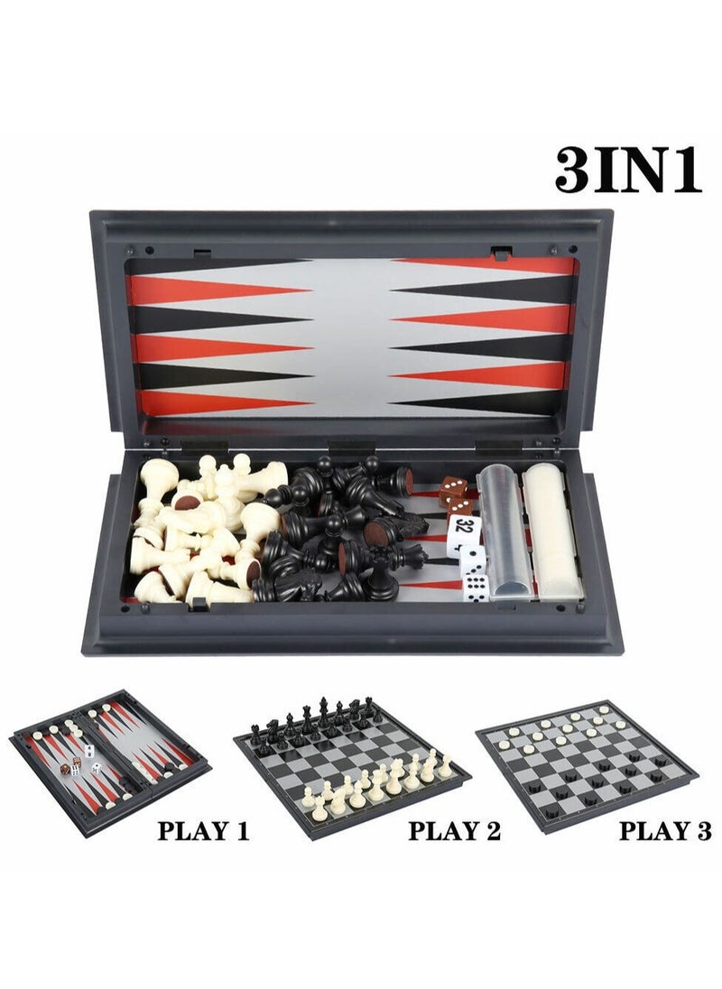International Chess and Checkers and Backgammon 3 in 1 Plastic Chess Set Travel Chess Game Magnetic Chess Pieces Folding Chess Board Game Set