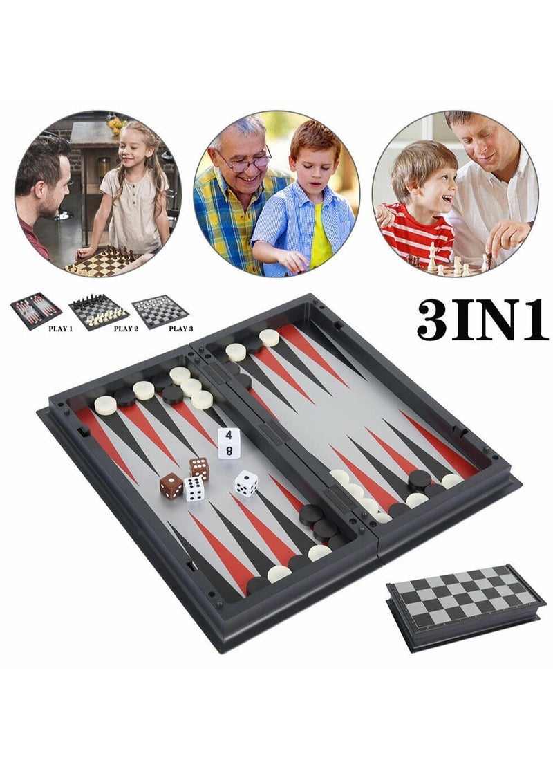 International Chess and Checkers and Backgammon 3 in 1 Plastic Chess Set Travel Chess Game Magnetic Chess Pieces Folding Chess Board Game Set