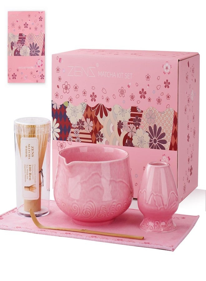 ZENS Pink Matcha Set, Matcha Whisk Set Includes Ceramic Bowl, Matcha Whisk and Chasen Holder, Bamboo Scoop-Tea Towel, 5pcs Matcha Kit Set for Matcha Lovers, Sakura Pink - Image 1