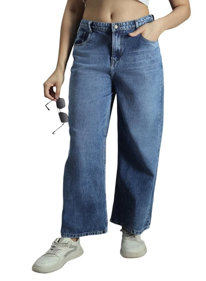 HIGH STAR Women's Indigo 100% Cotton Bleached Full Length Baggy Jeans