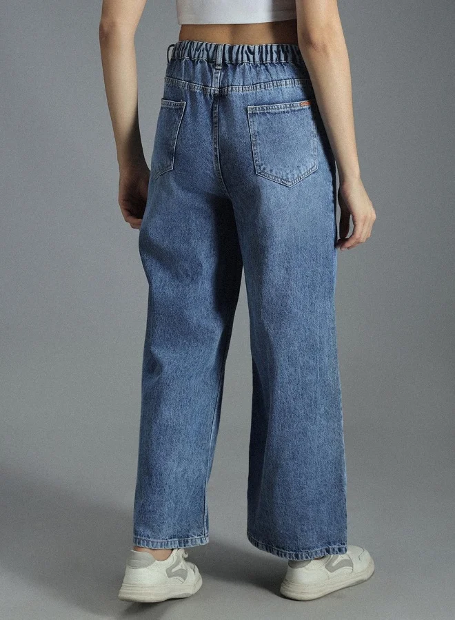 HIGH STAR Women's Indigo 100% Cotton Bleached Full Length Baggy Jeans