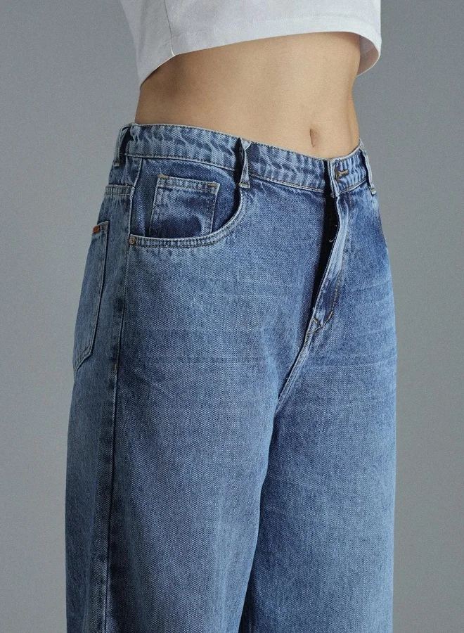 HIGH STAR Women's Indigo 100% Cotton Bleached Full Length Baggy Jeans