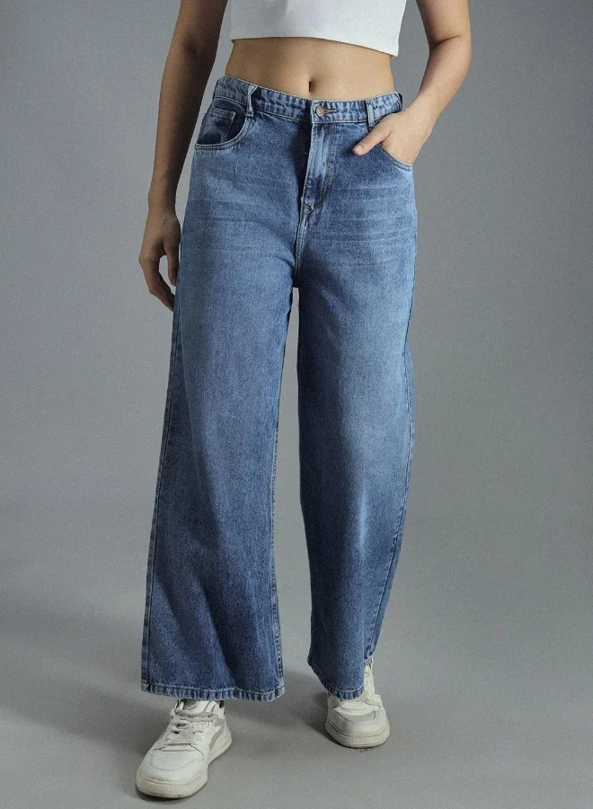 HIGH STAR Women's Indigo 100% Cotton Bleached Full Length Baggy Jeans